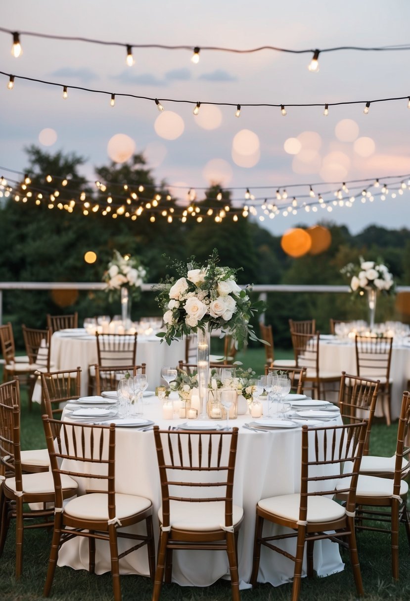 Various chairs arranged in layers around a decorated wedding table