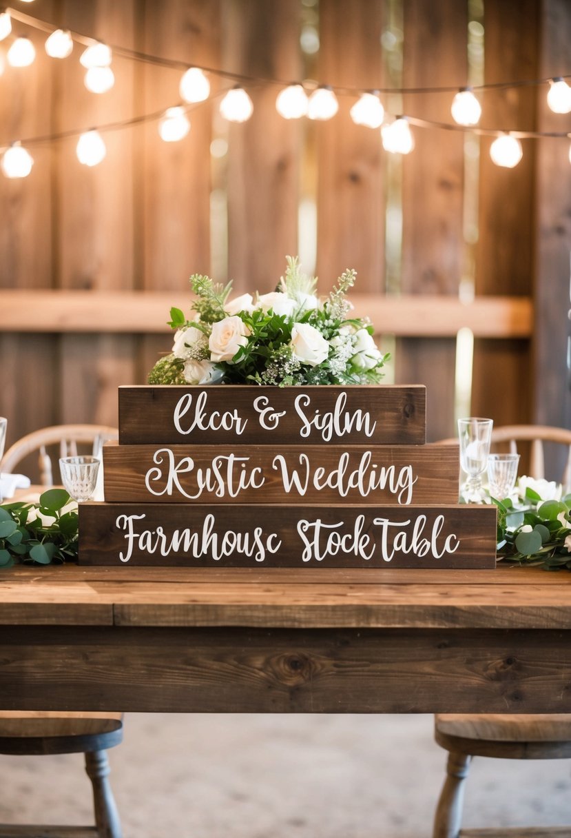 A rustic farmhouse table adorned with wooden signs, perfect for a wedding decoration