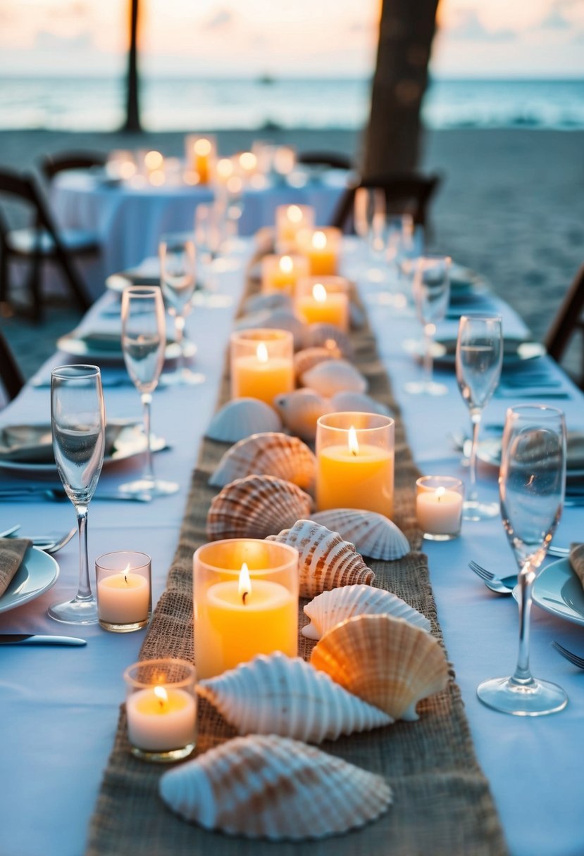 A beach wedding table adorned with seashell centerpieces and flickering candles