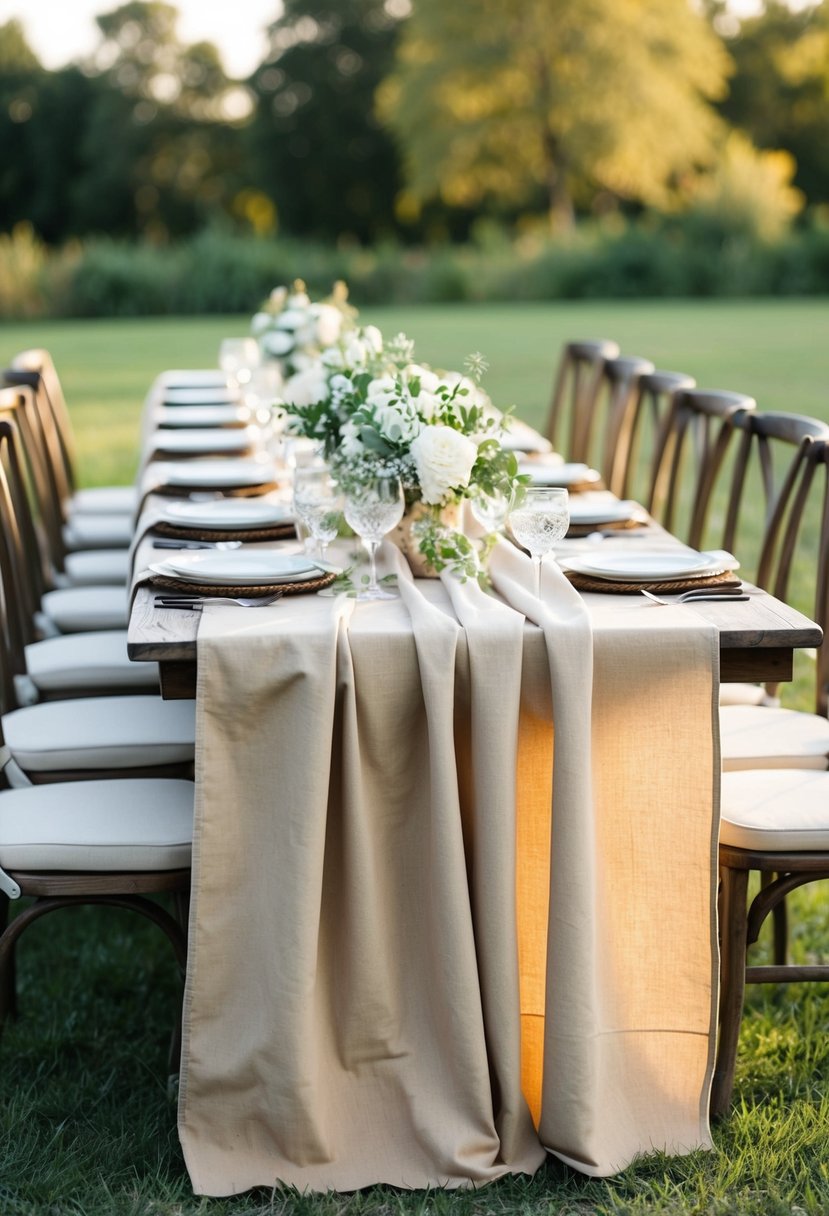 A rustic farmhouse table adorned with canvas drop cloth tablecloths, set for a wedding with simple yet elegant decorations