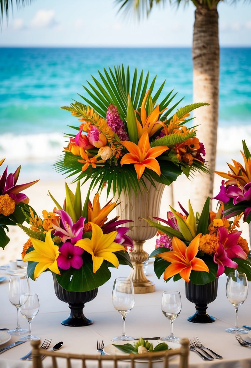 Vibrant tropical flowers in a variety of colors and sizes arranged in elegant vases on a beach wedding table, with the ocean in the background