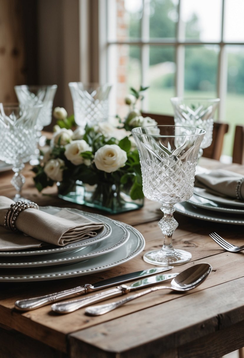 Rustic farmhouse table set with crystal glassware