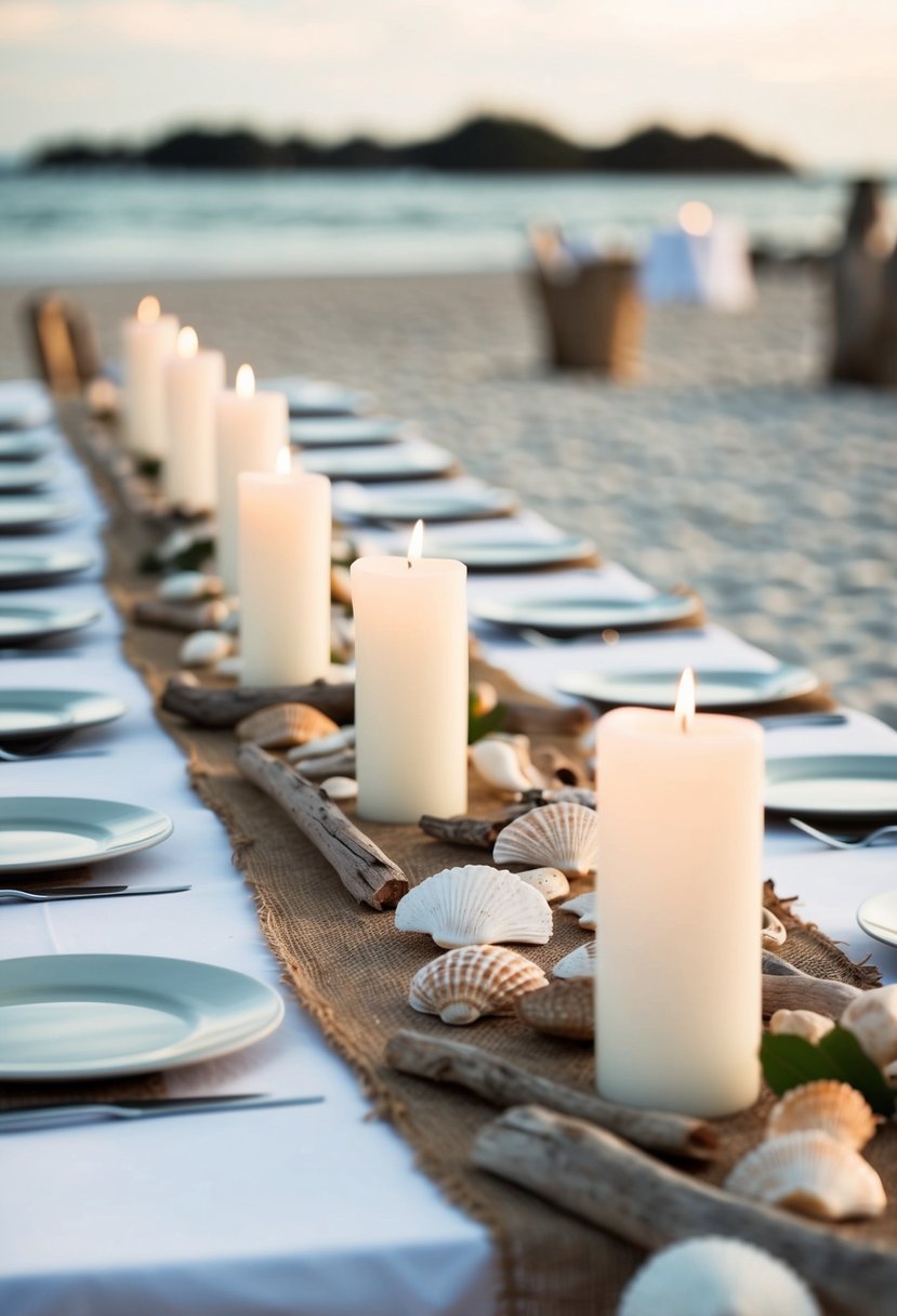 A beach wedding table adorned with driftwood table runners, scattered with seashells and delicate white candles