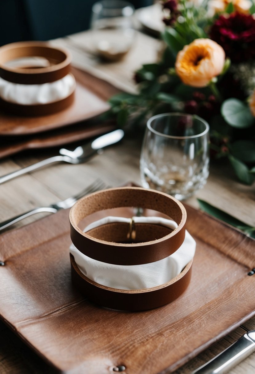 Leather napkin rings encircling rustic table settings with floral centerpieces