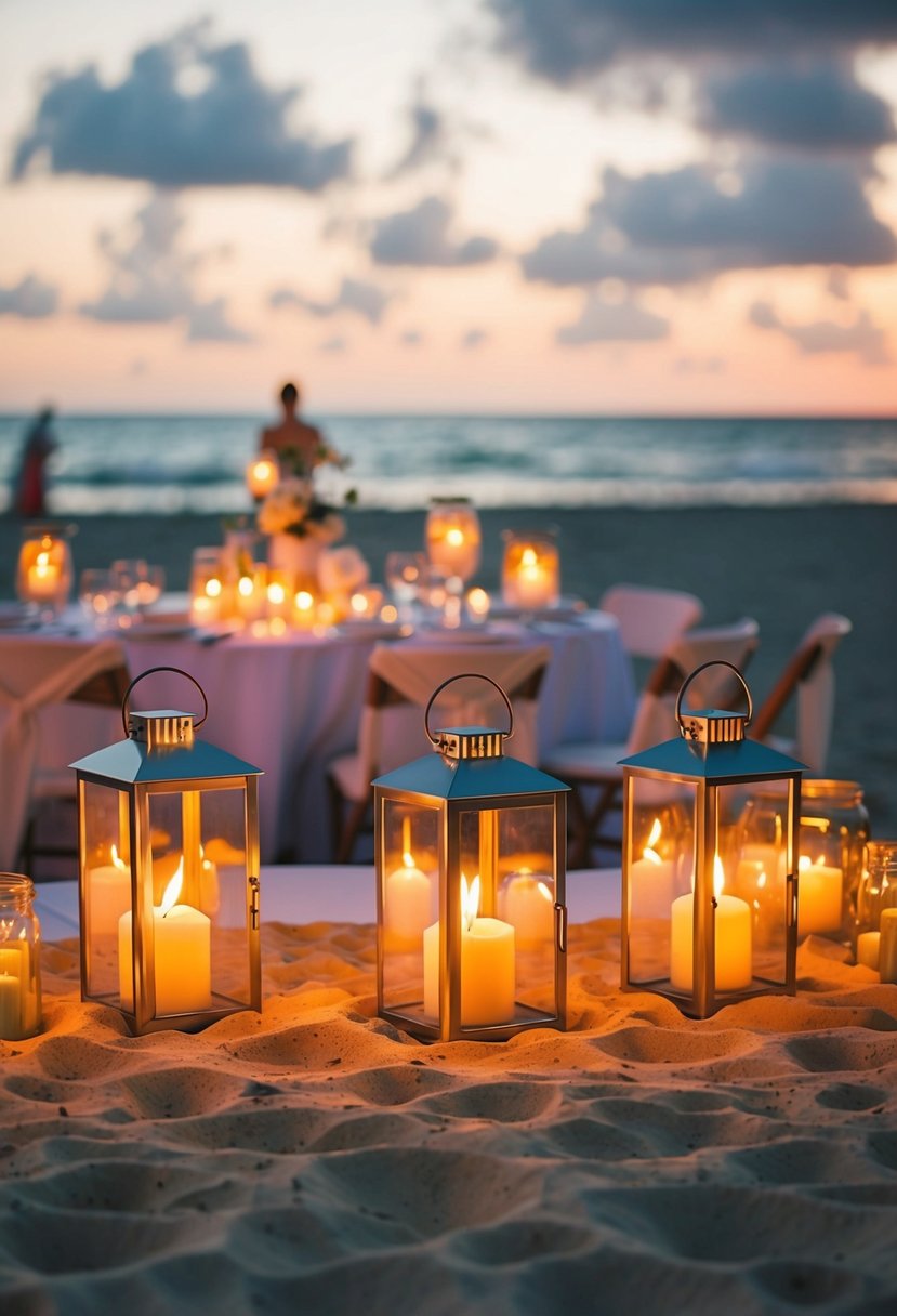 Candlelit lanterns illuminate a beach wedding table, casting a warm glow on the sand and setting a romantic ambiance