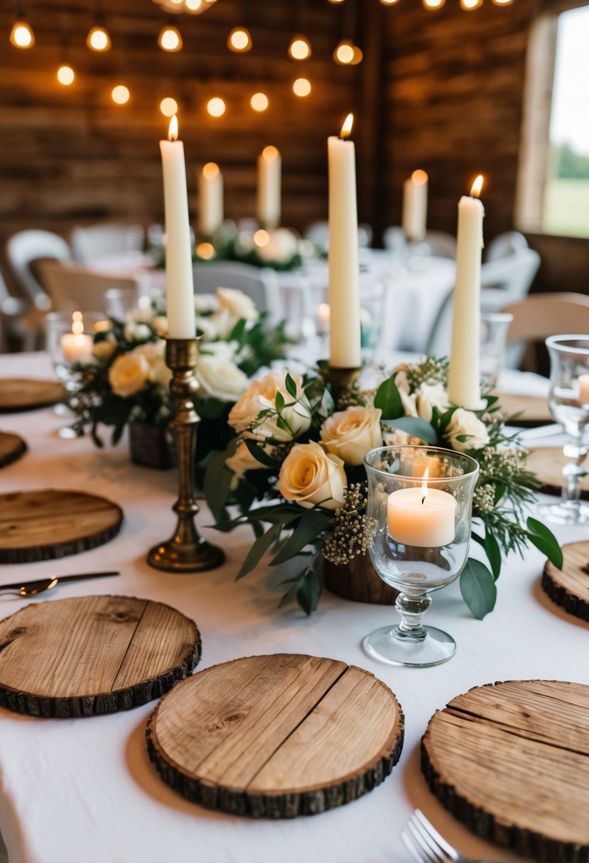 Rustic barn wood coasters arranged on a table with floral centerpieces and vintage candle holders for a farmhouse wedding