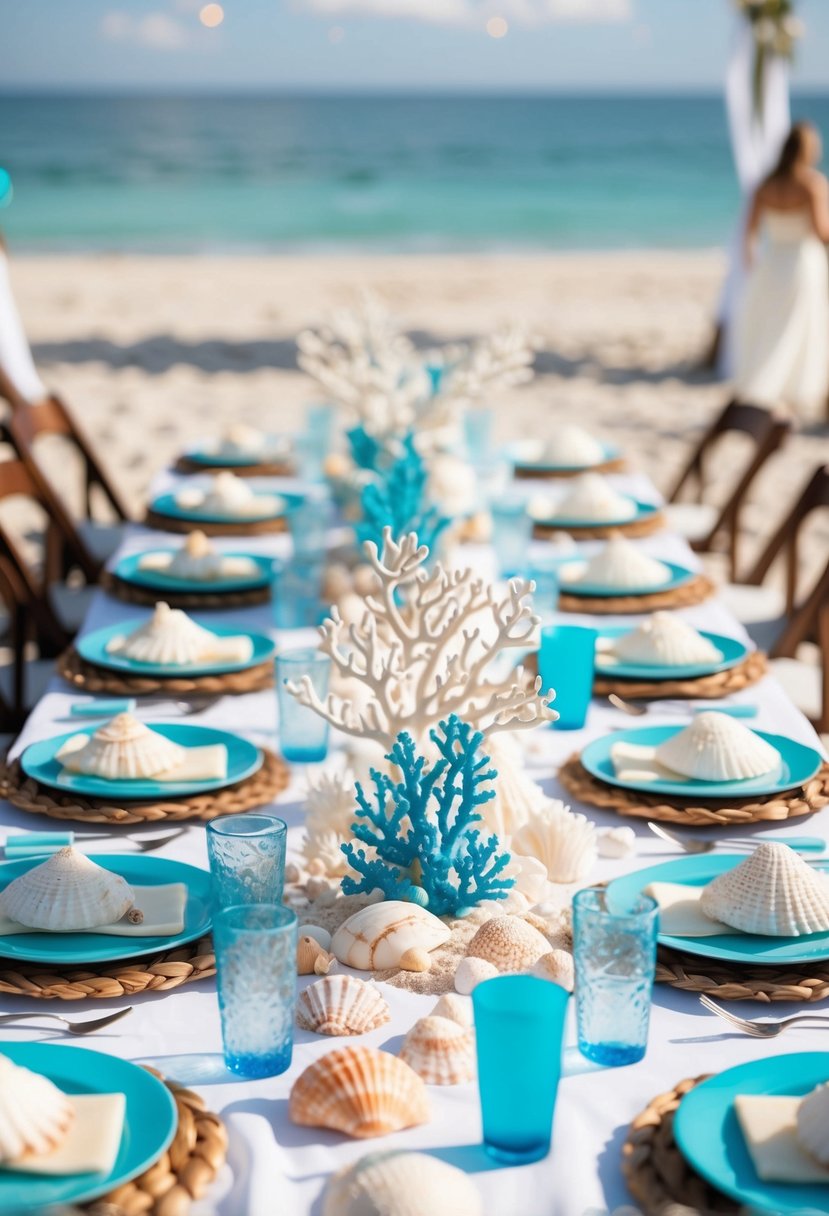 A beach wedding table adorned with coral reef accents, seashells, and ocean-themed decor