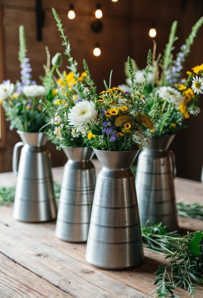 Rustic metallic vases arranged on a wooden farmhouse table with wildflowers and greenery