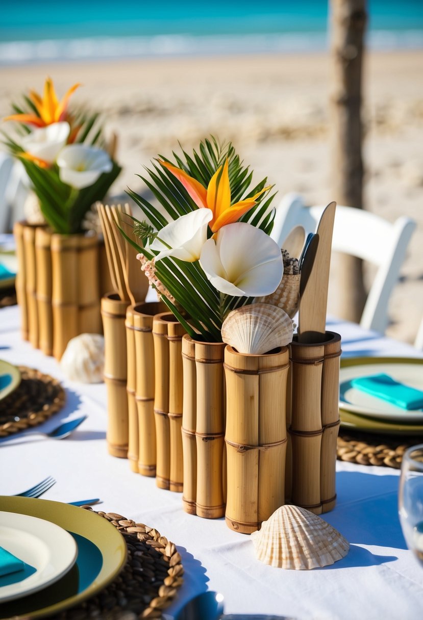 Bamboo utensil holders arranged on a beach wedding table, adorned with shells and tropical flowers