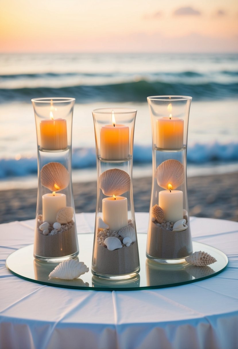 Glass vases filled with sand, shells, and candles sit atop a white linen-covered table, with soft waves and a sunset in the background