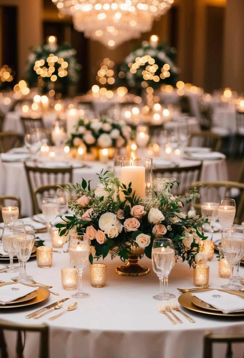 A lavish wedding table adorned with elegant floral centerpieces and sparkling candlelight