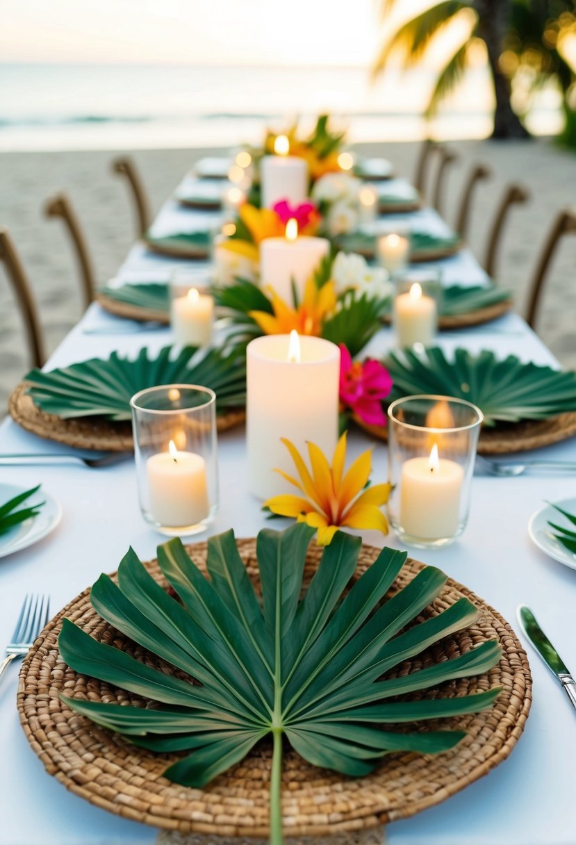 Palm leaf chargers arranged on a beach wedding table with white linens, tropical flowers, and candlelight