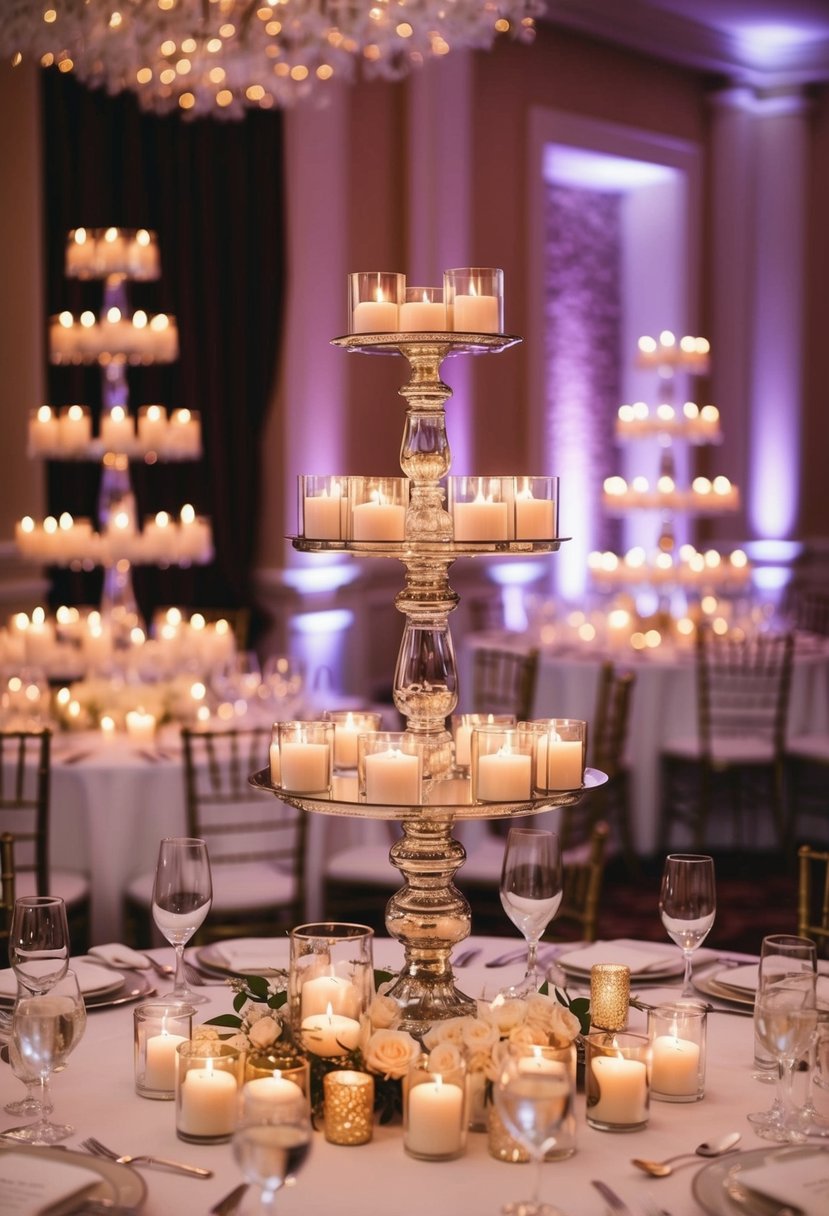 A grand wedding table adorned with multi-level candle holders in various sizes and designs, creating an elegant and romantic ambiance