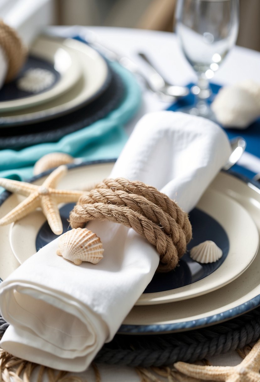 Nautical rope napkin rings encircling beach-themed table settings with shells and starfish