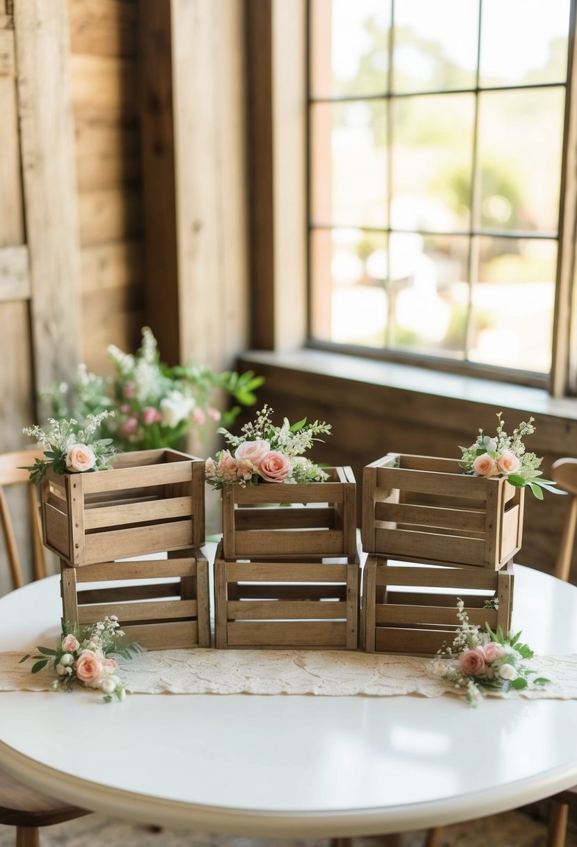 Miniature wooden crates arranged on a table with delicate floral accents and rustic charm