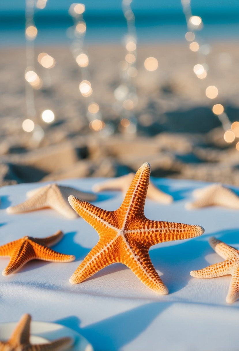 A scattering of starfish adorns a beach wedding table