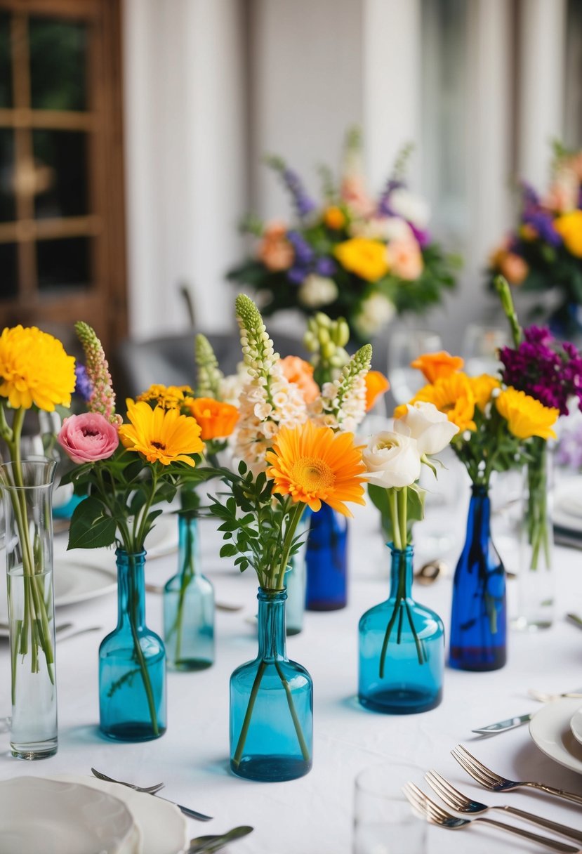 A table set with various bud vases filled with seasonal flowers, creating an elegant and colorful statement wedding decoration