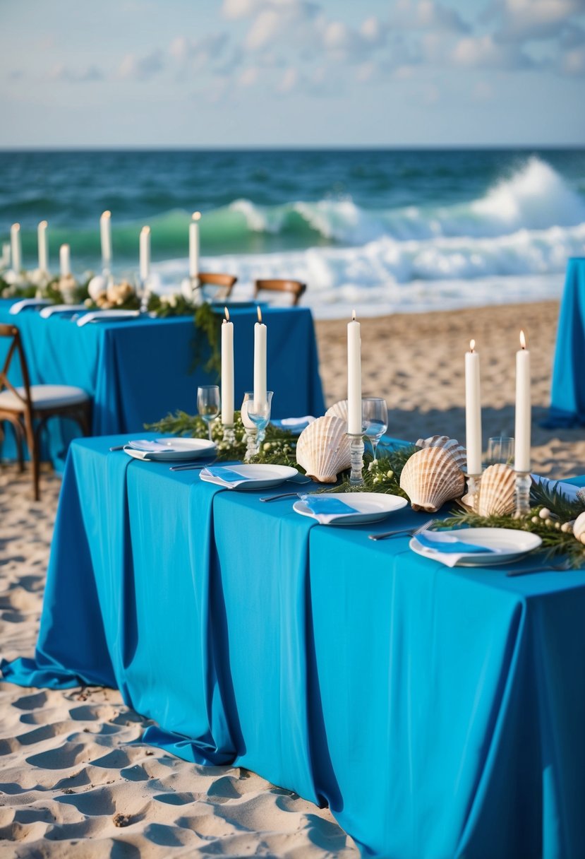 Ocean blue tablecloths draped over wooden tables with seashell centerpieces and white candles, set against a backdrop of sandy beach and crashing waves