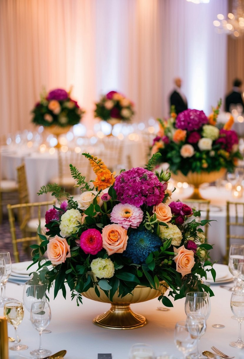 Lush compote centerpieces overflow with vibrant blooms on a statement wedding table