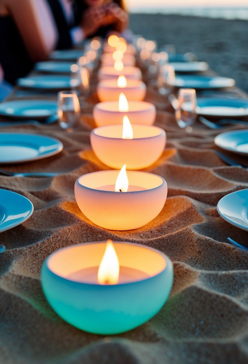 Glowing tea light bowls on sandy beach tables at a wedding