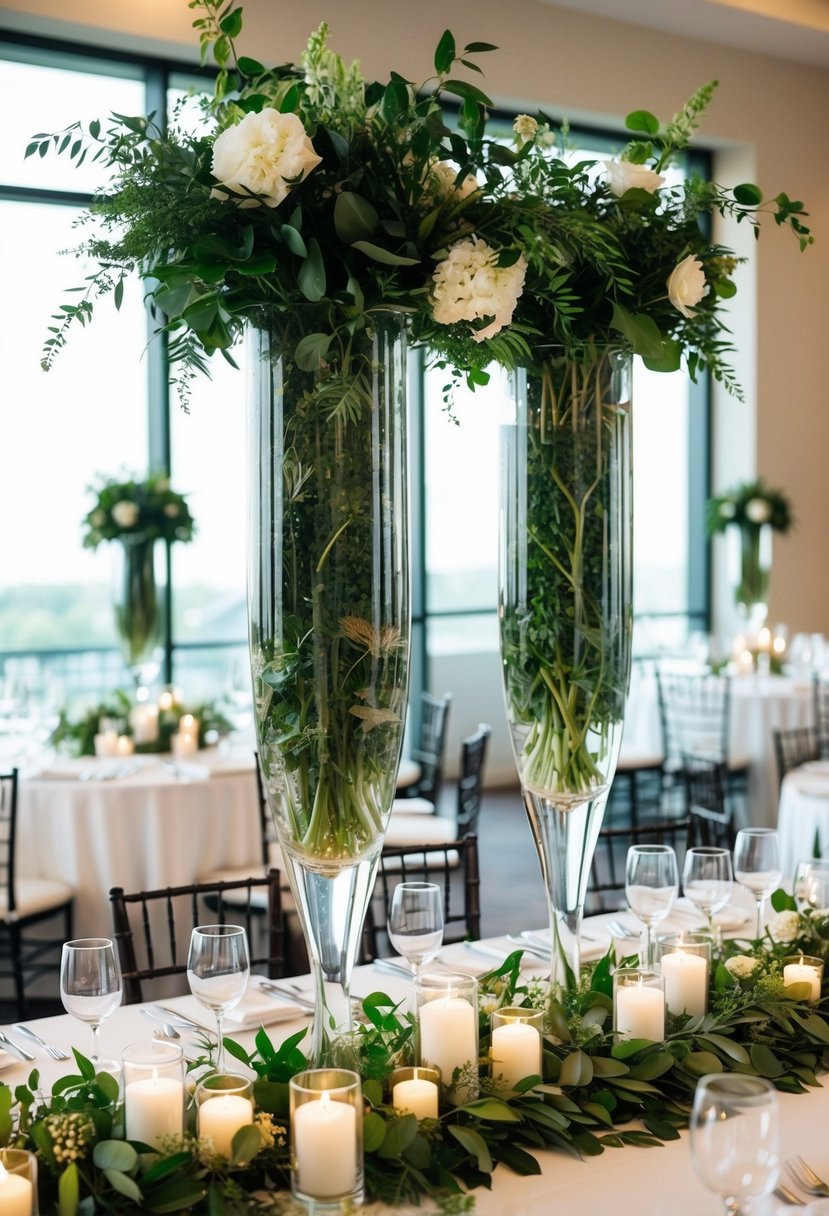 Tall glass vases filled with lush greenery adorn a wedding table, creating a stunning statement centerpiece