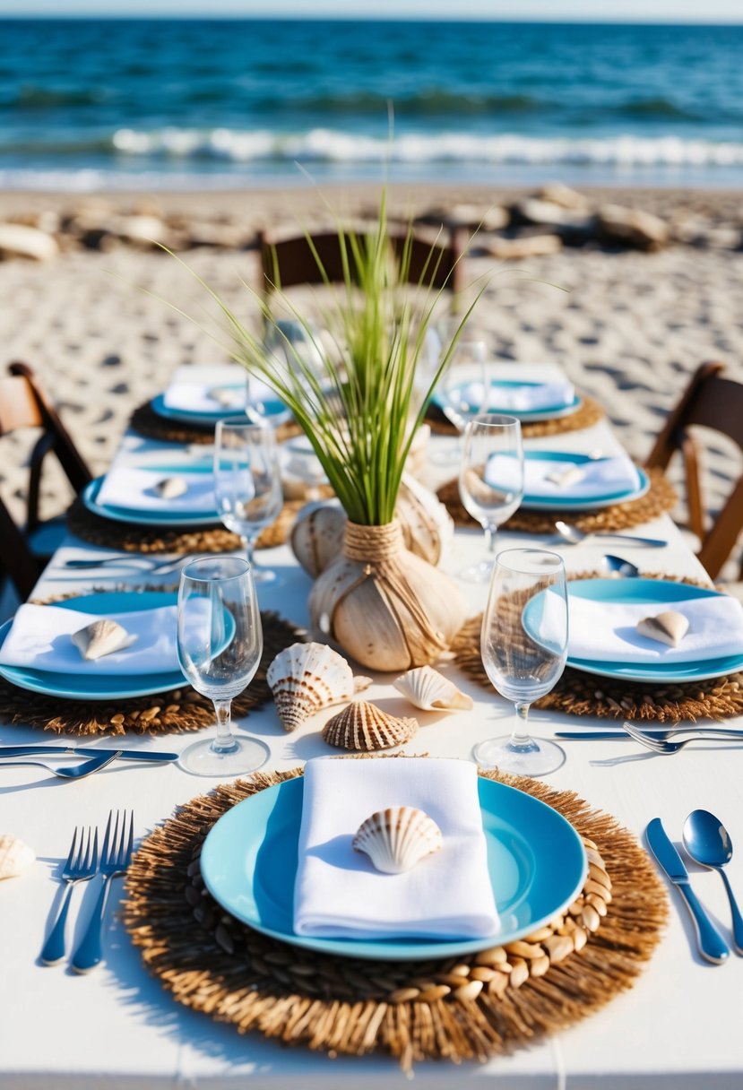 A beach wedding table adorned with seagrass placemats, surrounded by shells and driftwood, with the ocean in the background