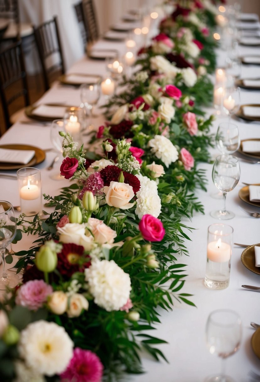 Lush floral table runners cascade across a wedding table, creating a statement decoration