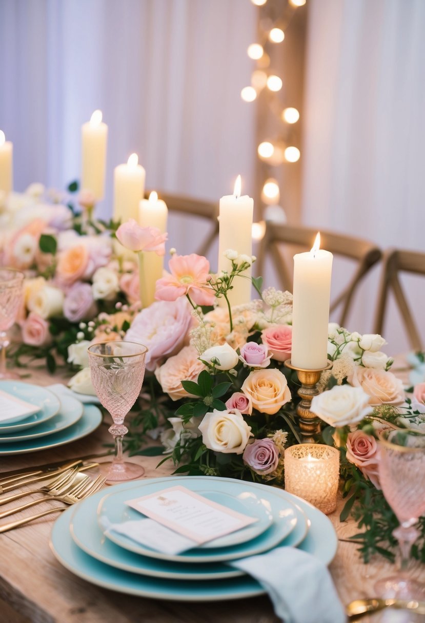 A pastel palette of flowers and delicate linens adorns the wedding table, with soft candlelight casting a romantic glow