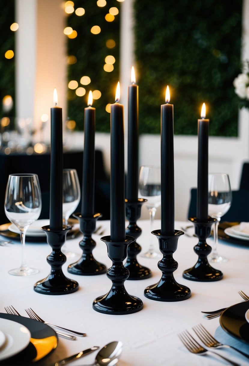 A table set with black taper candles in elegant holders, creating a sophisticated and stylish wedding centerpiece