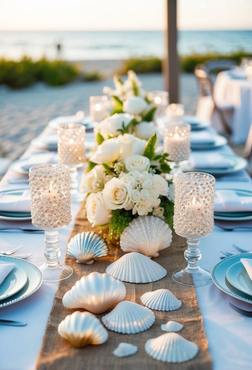 A beach wedding table adorned with pearl-inspired decor, including shimmering seashells, elegant white flowers, and glistening candle holders