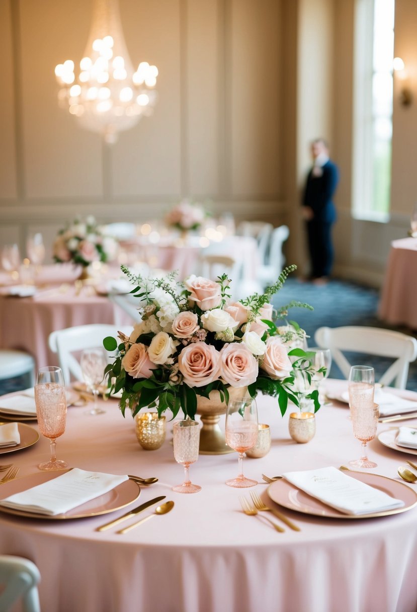 Blush and gold accented centerpieces adorn a soft-colored wedding table