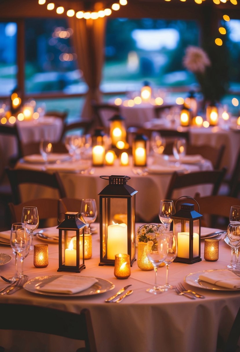 A table adorned with flickering lanterns casting a warm glow, creating a cozy and romantic atmosphere for a wedding celebration