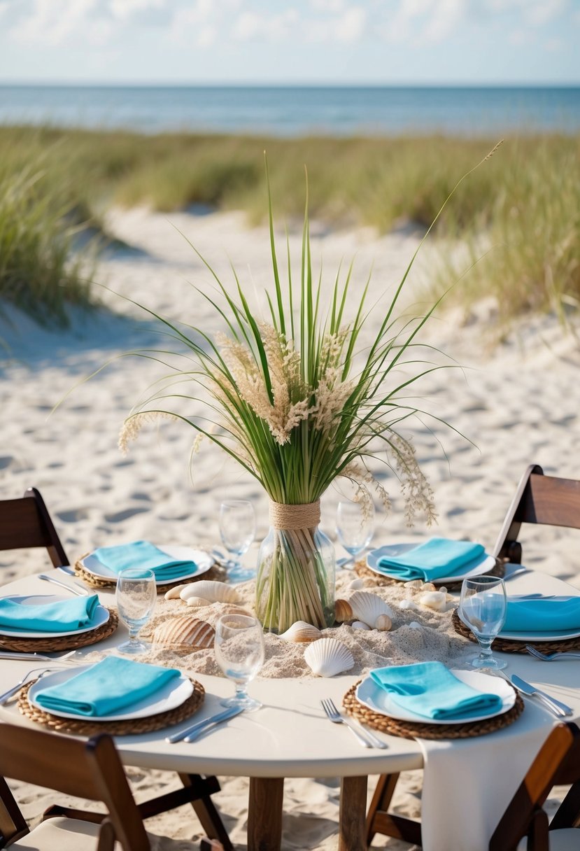 A sandy beach table adorned with beachgrass bouquets and seashells