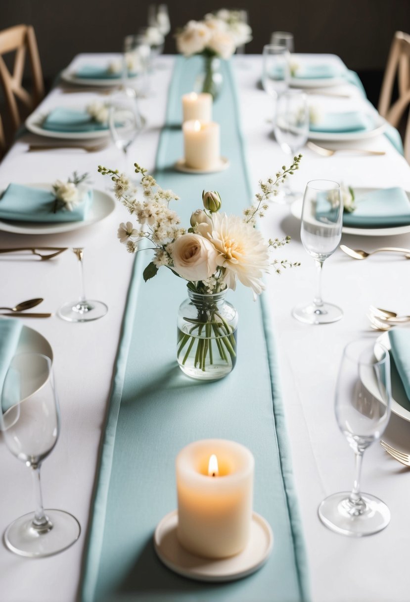 Soft pastel blue table runners on a white table, adorned with delicate flowers and candles, creating a serene and elegant wedding table decoration