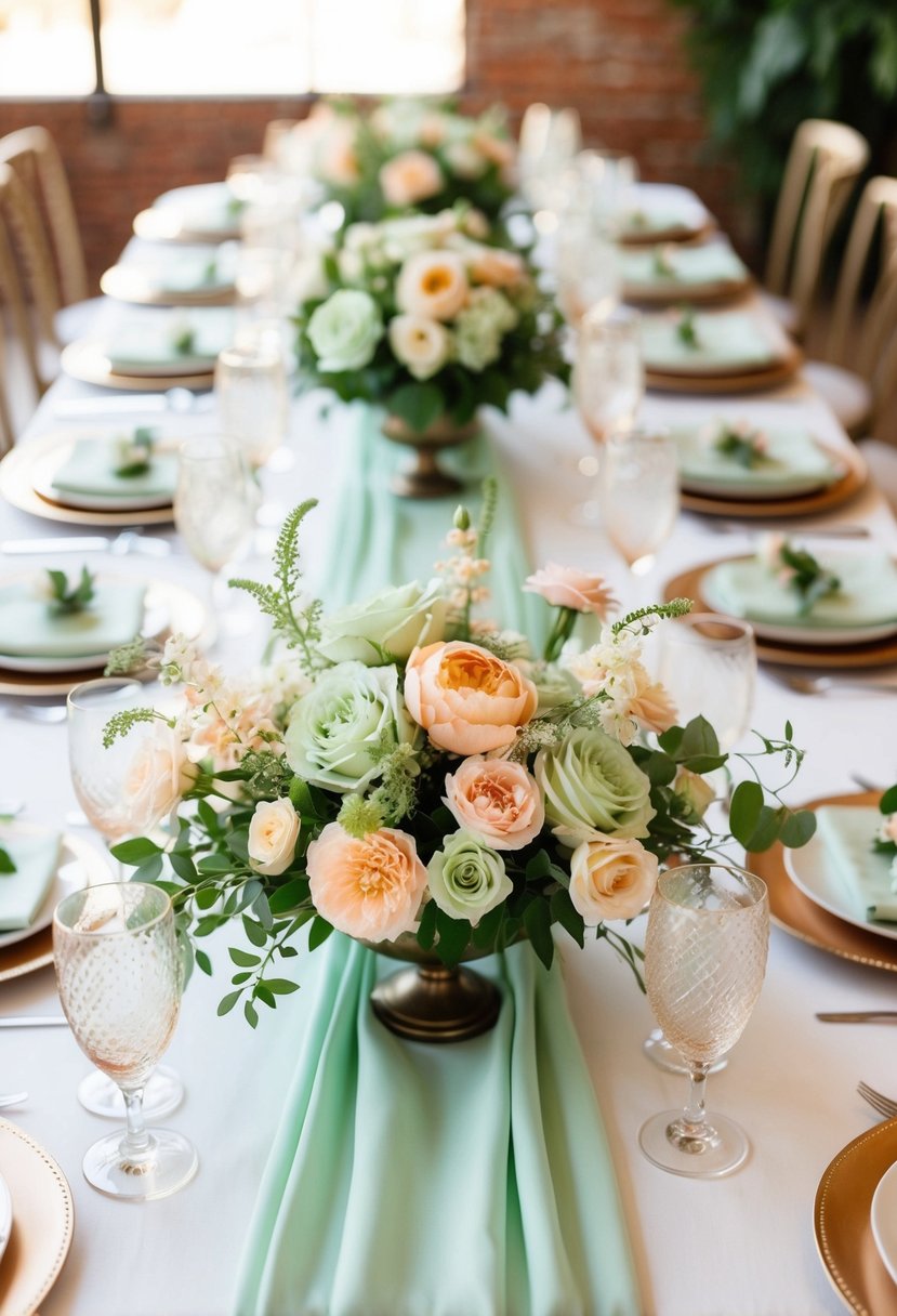 A table adorned with soft mint green and peach floral arrangements for a wedding