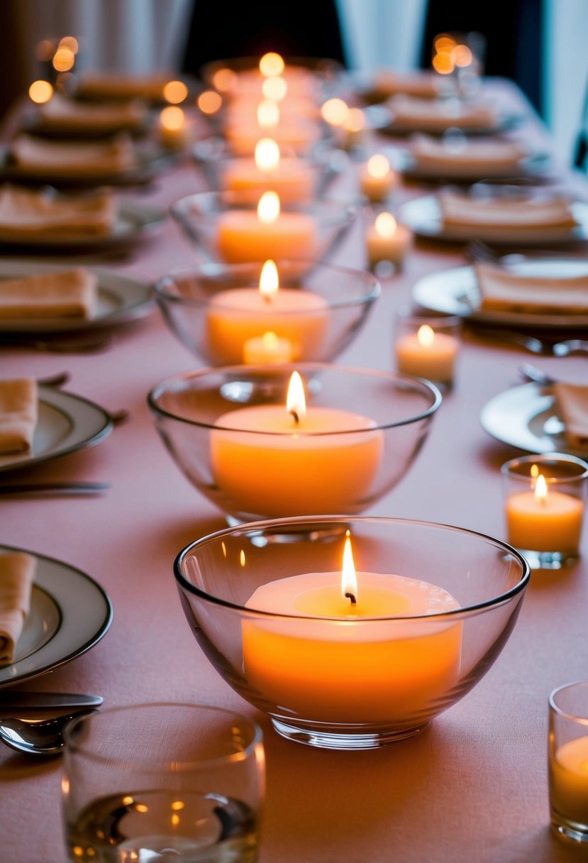 Floating candles in clear bowls illuminate a statement wedding table