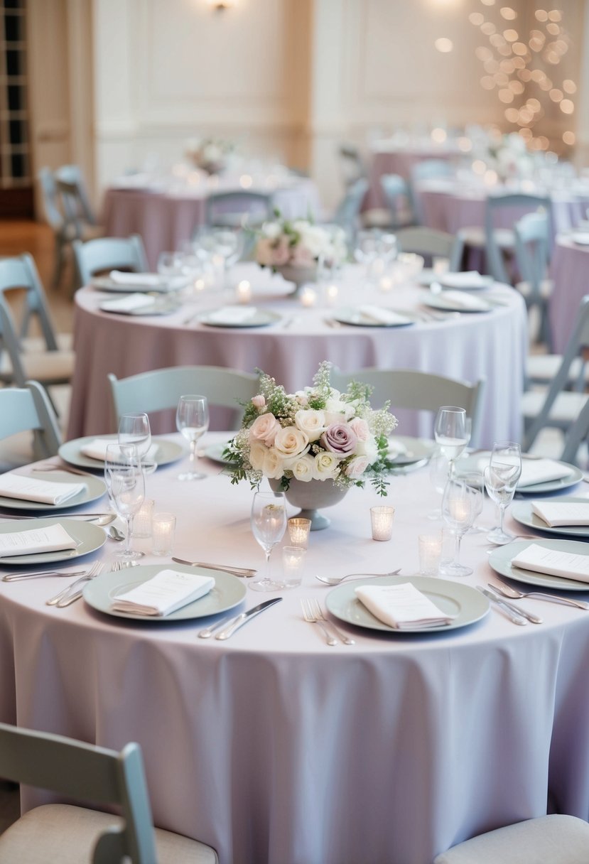 Soft pastel tablecloths and delicate gray tableware arranged in an elegant wedding setting