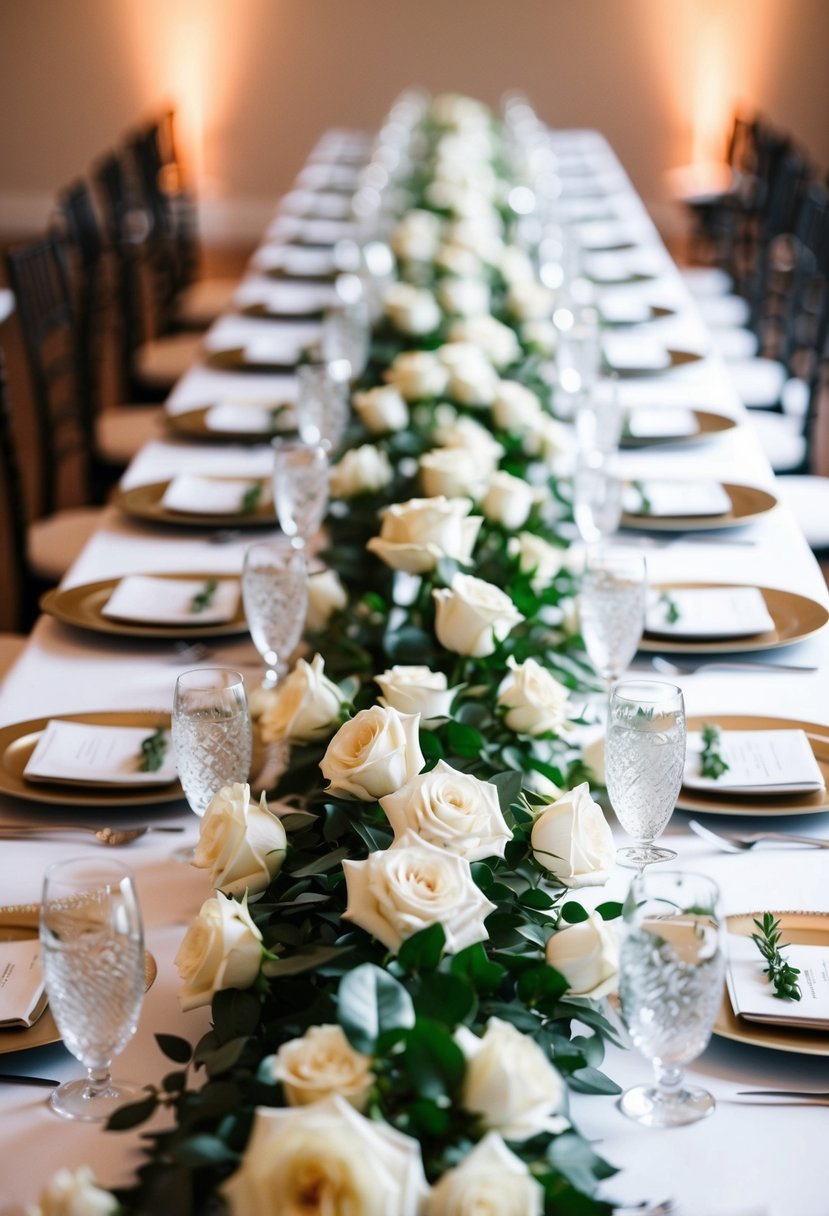 A long table adorned with white rose garland table runners for a statement wedding decoration