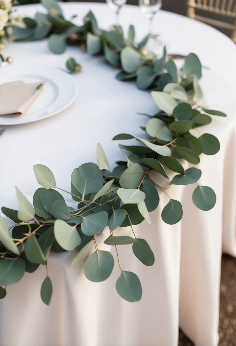 A soft, pastel-colored eucalyptus garland drapes across a wedding table, adorned with delicate silver dollar eucalyptus leaves