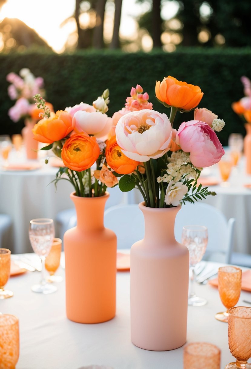 Soft orange and pink floral vases arranged on a wedding table, creating a delicate and romantic atmosphere