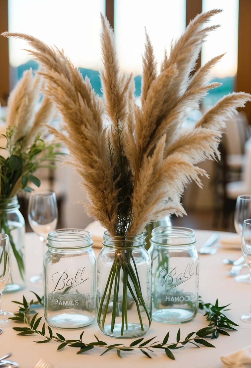 Pampas grass in clear glass jars arranged on a wedding reception table