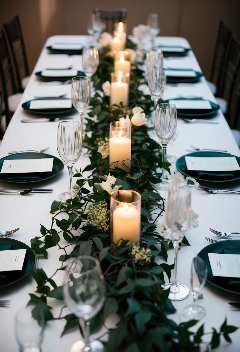 Dark green vines cascade down a table, intertwined with delicate flowers and draped over elegant candle holders, creating a dramatic statement for a wedding decoration