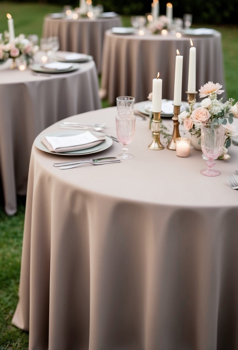 Soft taupe tablecloths draped over tables, adorned with delicate pastel flowers and candles