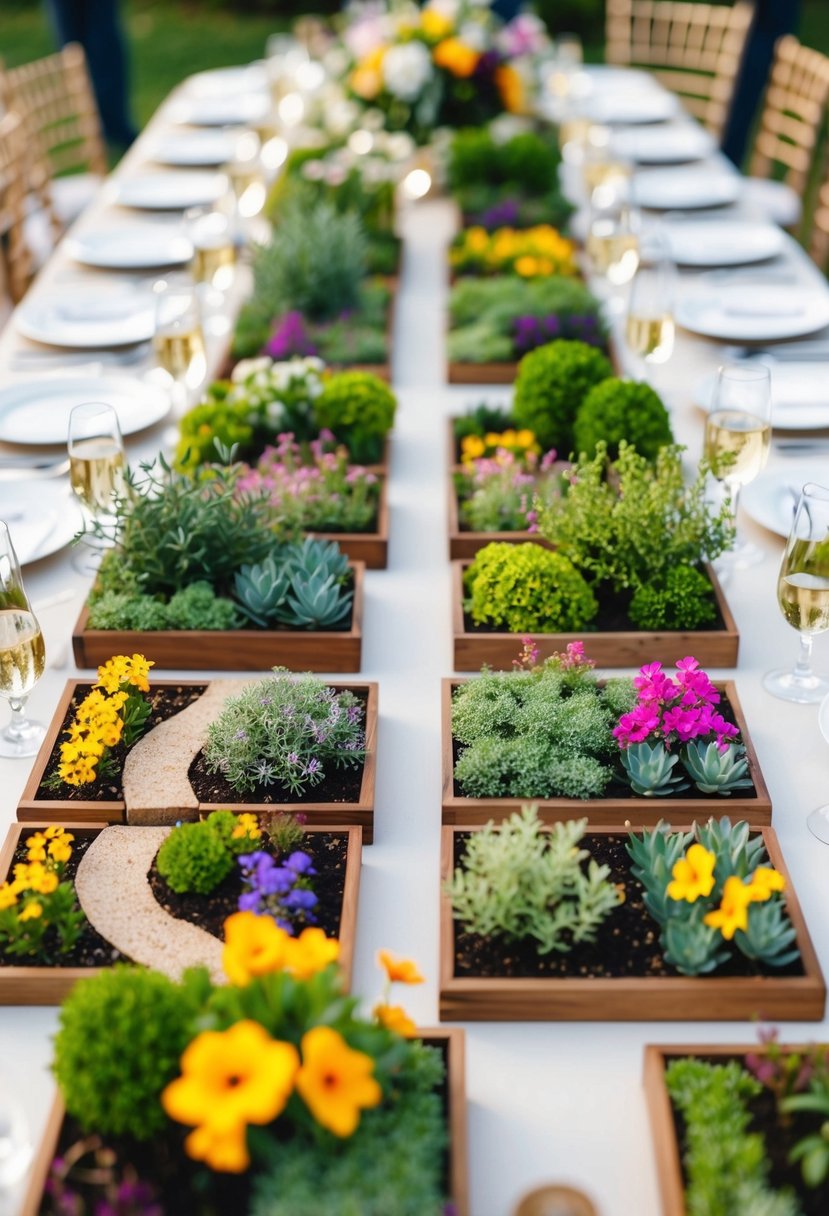 A collection of miniature gardens arranged as centerpieces on a wedding table, with lush greenery, colorful flowers, and delicate pathways