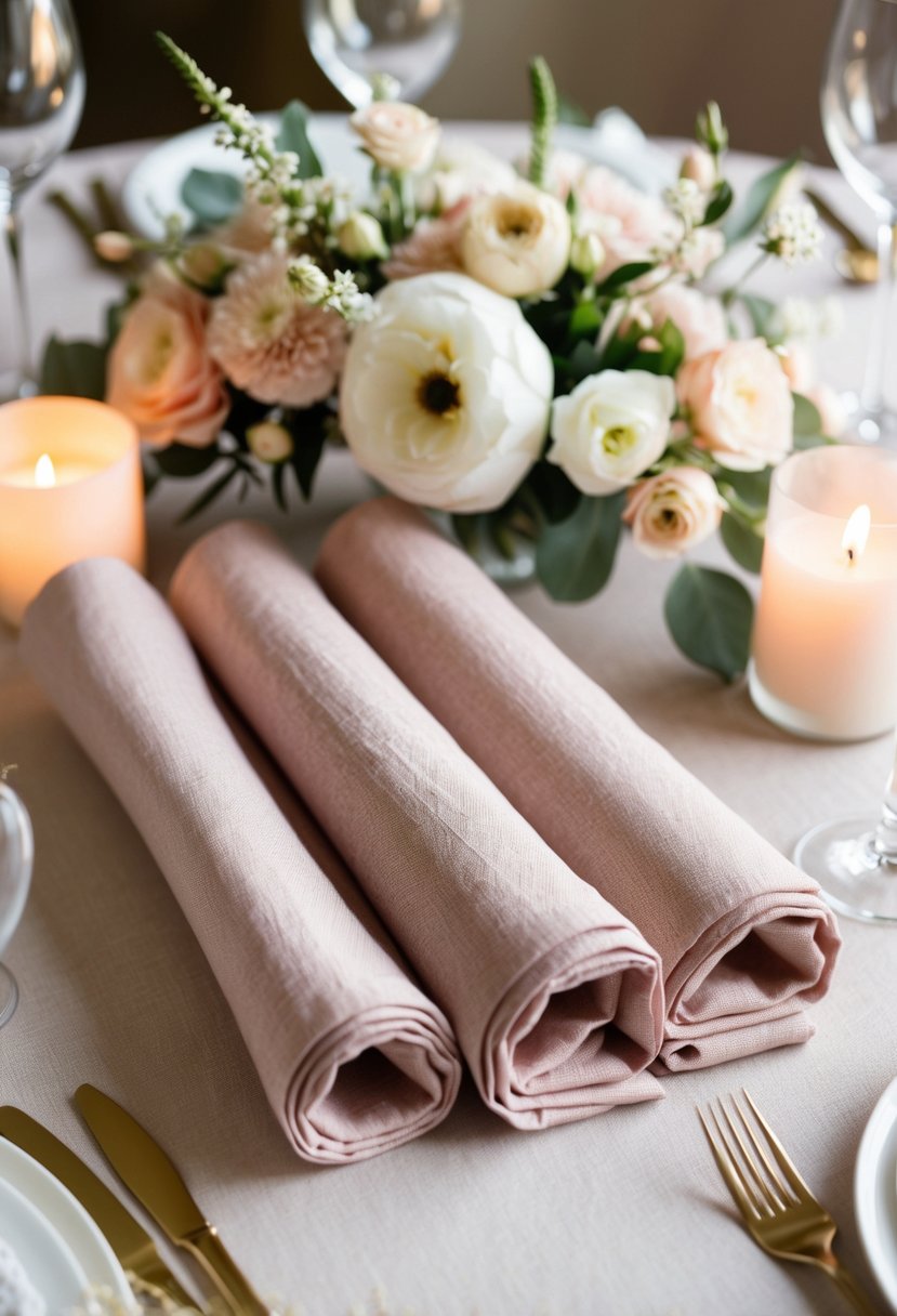 Soft blush linen napkins folded on a table, surrounded by delicate floral centerpieces and soft candlelight