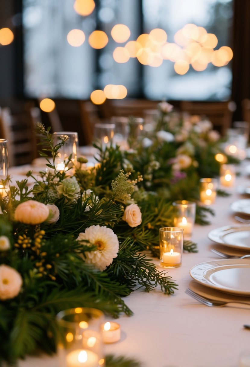 A table adorned with greenery and delicate flowers, with scattered tea lights creating a warm and romantic ambiance