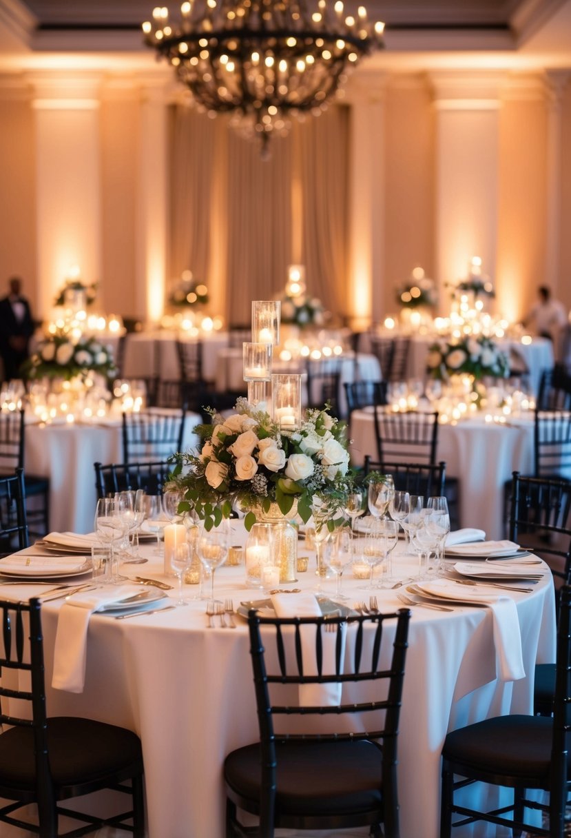 A grand wedding table adorned with LED lighting solutions, casting a warm glow on elegant centerpieces and sparkling table settings