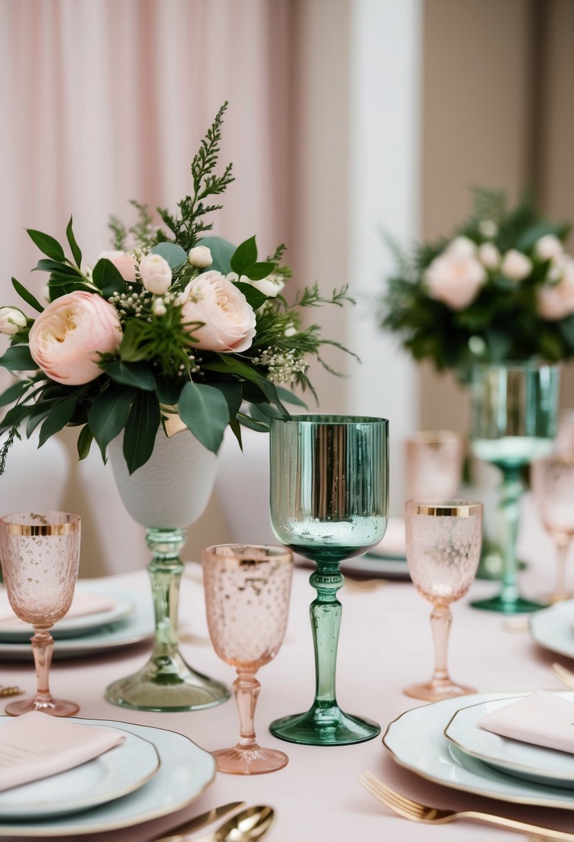 A table set with pale pink and wintery green mercury glass centerpieces, creating a soft and elegant wedding decoration