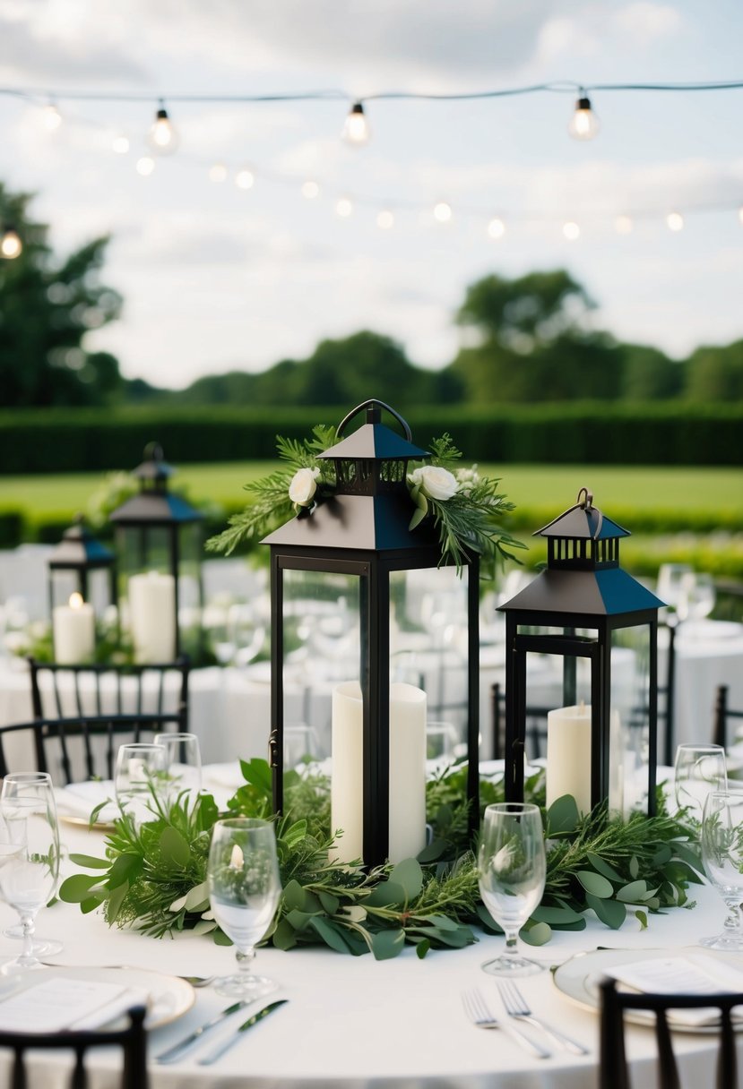 Lanterns surrounded by fresh greenery adorn a wedding table