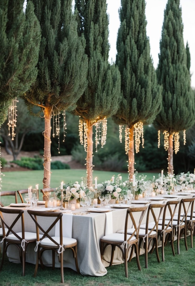 A rustic wedding table adorned with tall, elegant manzanita trees, draped with delicate fairy lights and adorned with cascading floral arrangements